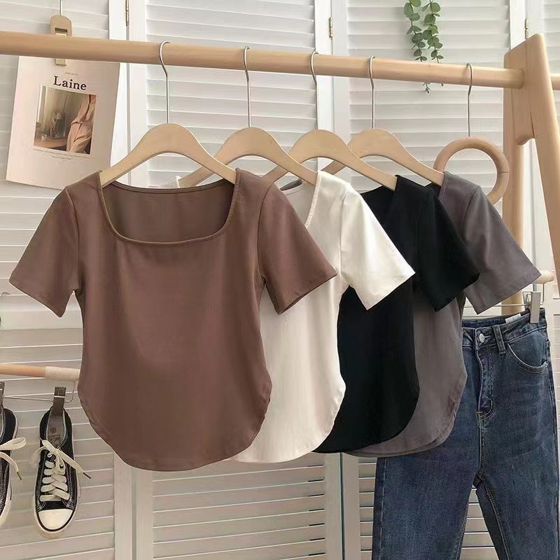 068   เสื้อแขนสั้นผู้หญิง คอกว้าง แหวกเอวสุดเซ็กซี่ แมทช์ง่าย ผ้านุ่มดีใส่สบาย จัดส่งจากประเทศไทย