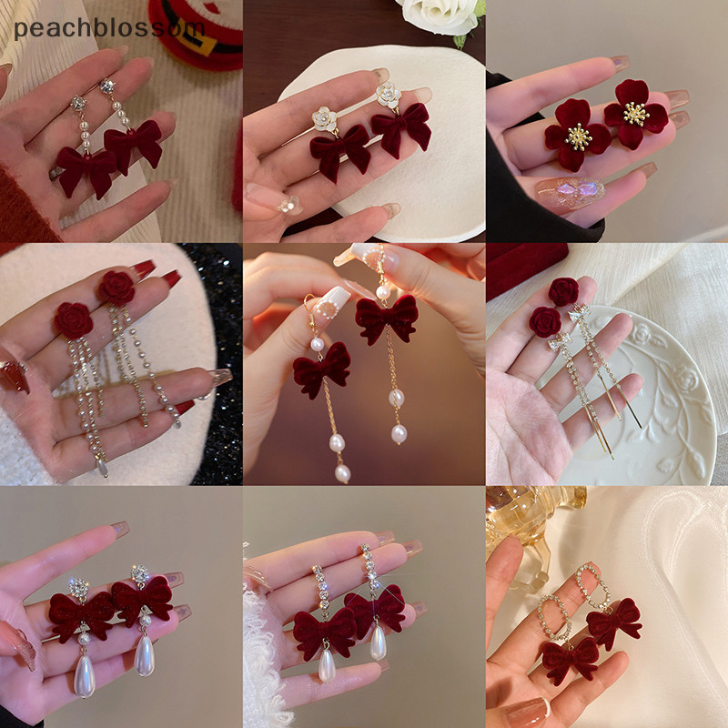 [PE] ต่างหูกุทัณฑ์ผ้าฝูงสีแดงอารมณ์ดอกไม้หวานต่างหูขอบยาว TH