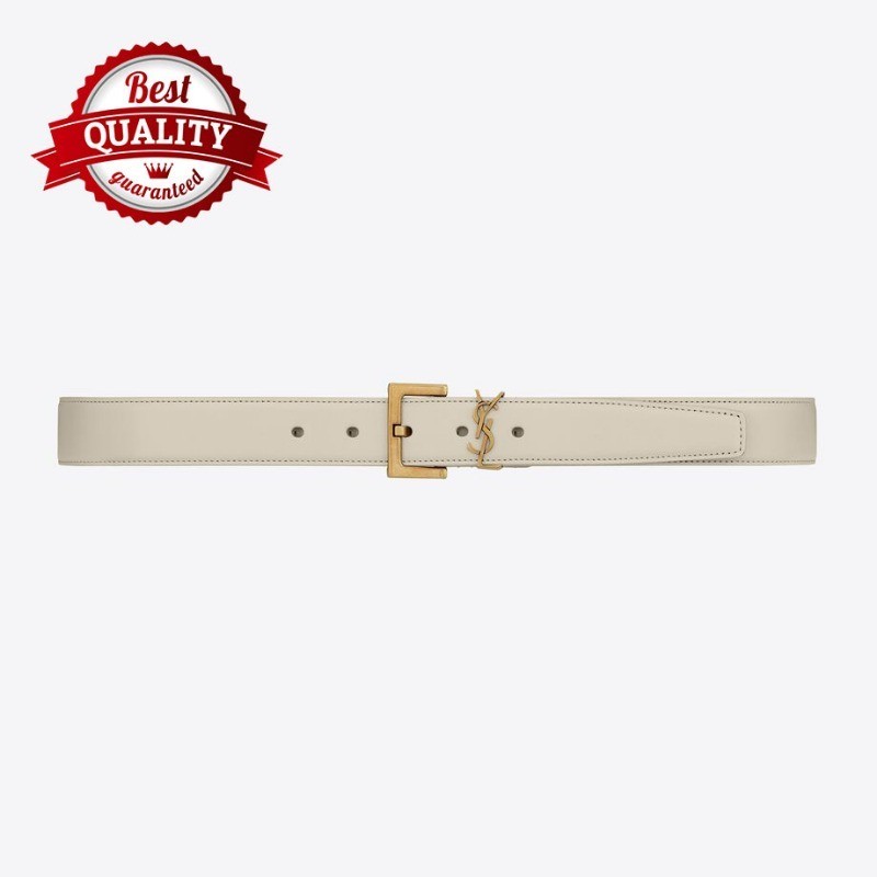 เข็มขัด CASSANDRE คุณภาพระดับสูงสุดพร้อมหัวเข็มขัดสีน้ําเงินใน SHINY BOX SAINT LAURENT LEATHER--BLANC VINTAGE 3.0 CM
