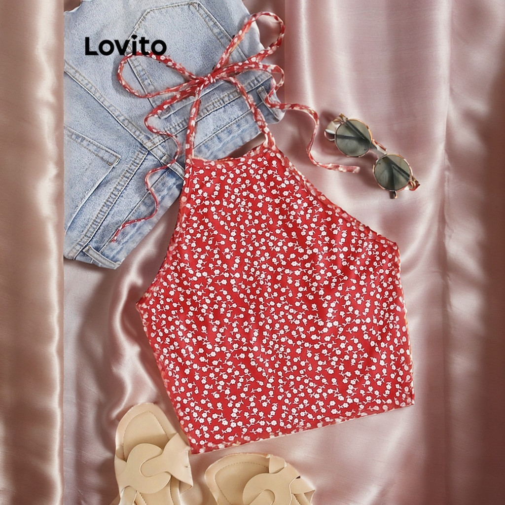 Lovito เสื้อสายเดี่ยวผู้หญิง แบบผูกหลัง ลายดอกไม้ สไตล์ลำลอง L88AD020