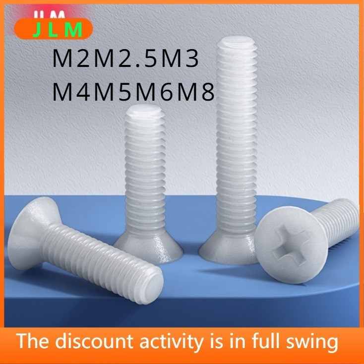 ((JLME) สกรูหัวแบนสีดํา M2M2.5M3M4M5M6M8 สกรูไนลอนสีขาว Phillips พลาสติกพลาสติกฉนวนกันความร้อน Bolt
