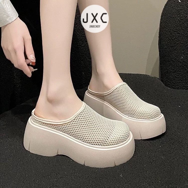 ฤดูร้อนรอบหัวตาข่ายรองเท้าส้นสูง Slip-On ขี้เกียจ Muller รองเท้าแตะ PU Breathable แฟชั่นสีทึบ Anti-Slip