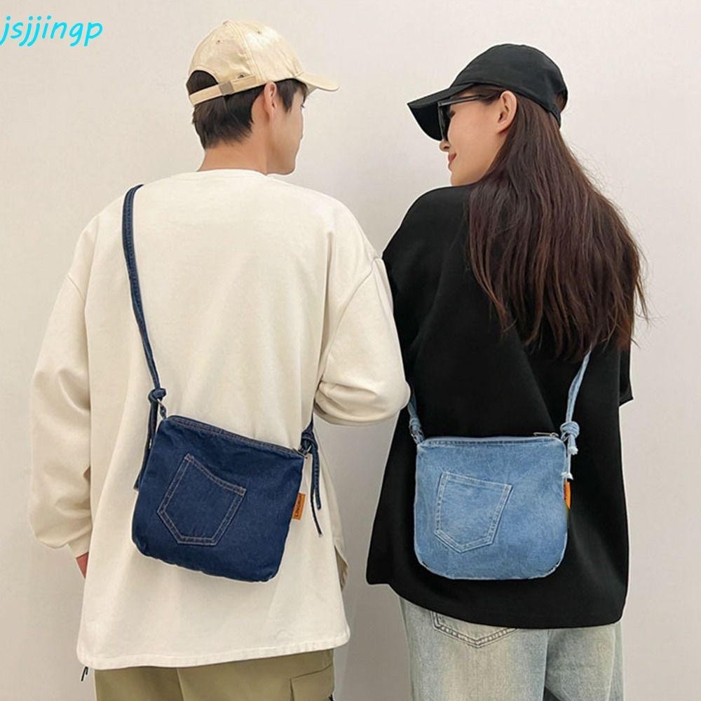 Jsjjingp กระเป๋าผ้าแคนวาสยีนส์, กระเป๋าถือวินเทจสไตล์สตรีท Y2K, แบบพกพาความจุขนาดใหญ่กระเป๋าช้อปปิ้งสีทึบกระเป๋าครอสบอดี้แข็งStreetwear