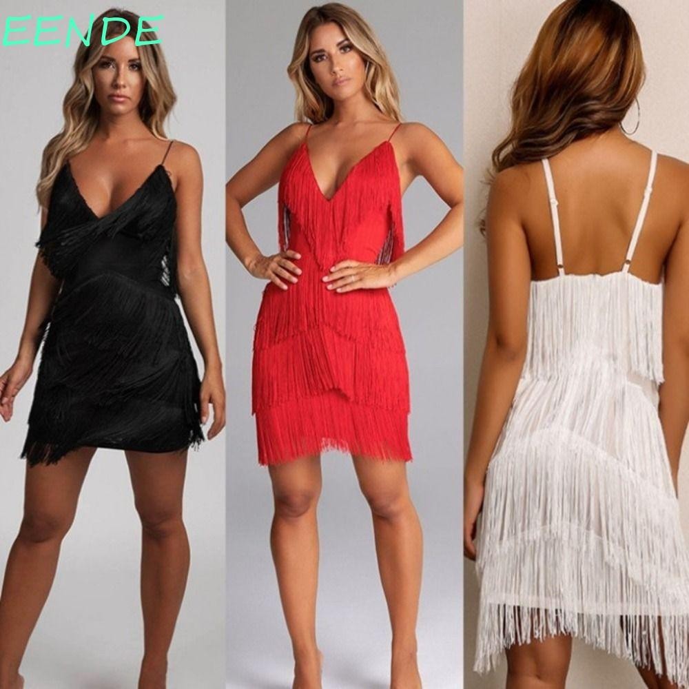 Eende เดรสพู่, สายสปาเก็ตตี้ Fringe Slim Dress, แฟชั่นไม่สม่ําเสมอห่อสะโพก Glitter V คอชุดเต้นรํา