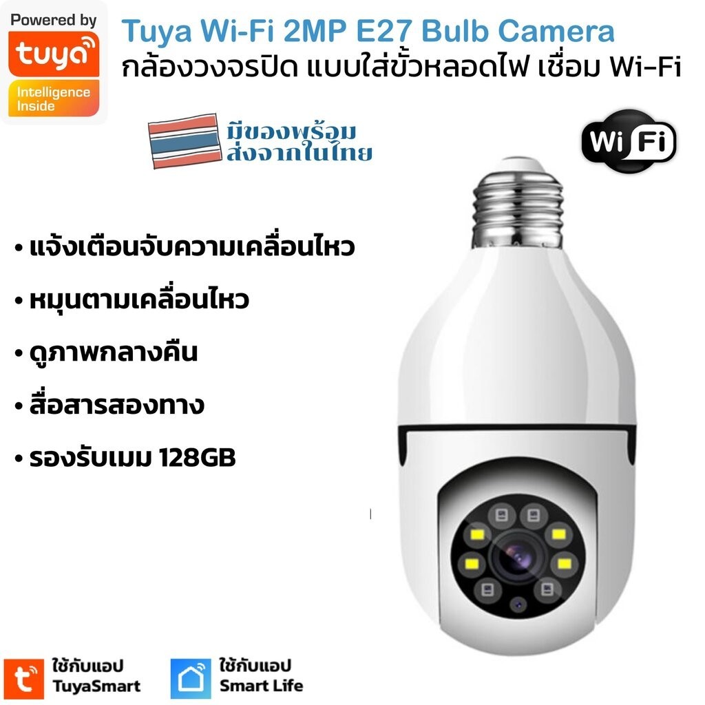 Tuya กล้องวงจรปิด 1080P Wi-Fi ใส่ขั้วหลอดไฟ สามารถหมุนได้ สื่อสารสองทาง ดูผ่านกลางคืน แจ้งเตือนเข้าแอป