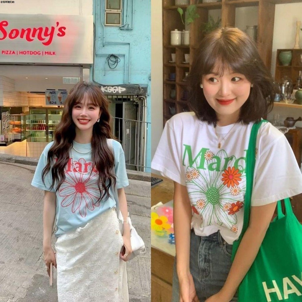 เกาหลี Mardi Daisy ดอกไม้แขนสั้นเสื้อยืดผู้หญิงหลวมพิมพ์ด้านบน