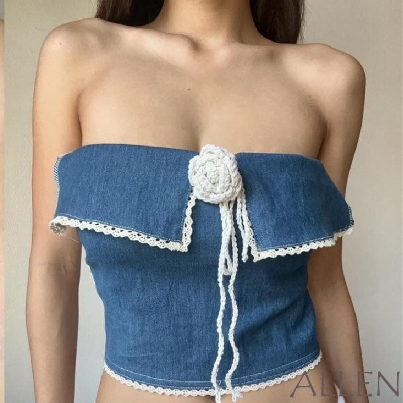 Allen-ผู้หญิงฤดูร้อน Halter Tank Tops Lacy Trim 3D ดอกไม้ Backless Slim Fit แสดง Navel Cropped เสื้อ