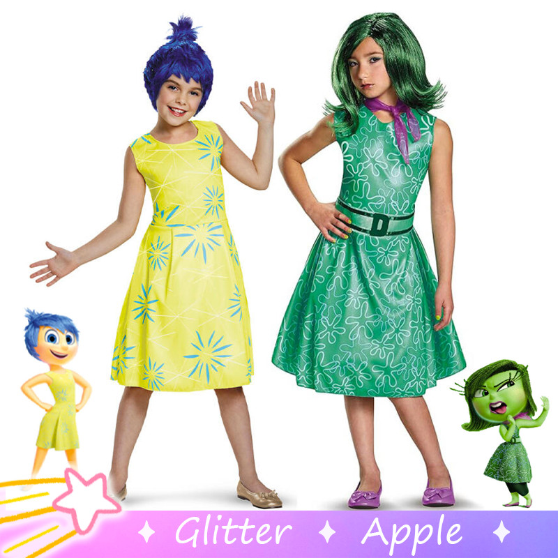 Inside Out 2 Joy Disgust สีเหลืองสีฟ้าชุดสําหรับสาวฮาโลวีนคอสเพลย์เครื่องแต่งกายสําหรับเด็กประสิทธิภ