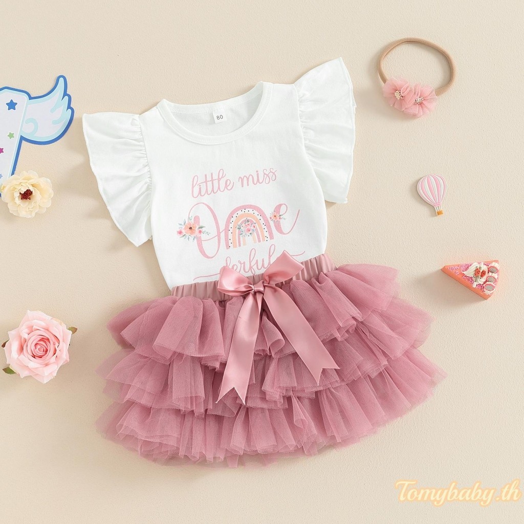 Tomybaby-ชุดวันเกิดเด็กผู้หญิงแขนสั้นพิมพ์สายรุ้งromper + กระโปรงTulle + ที่คาดผม