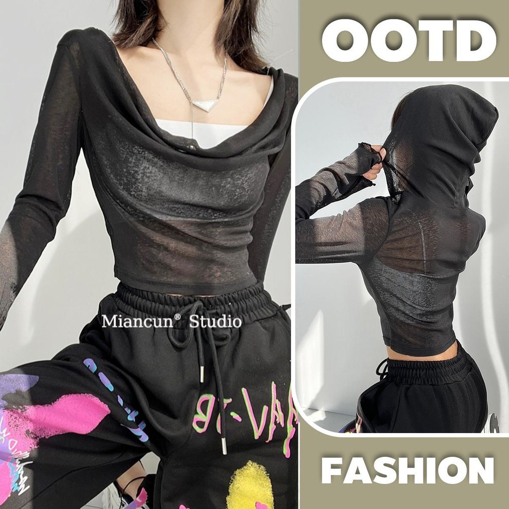 CHILI-KOKO V078 เสื้อแขนยาวแฟชั่นผู้หญิง เสื้อครอปมีฮู้ด คอวี สไตล์สาวเท่สุดเท่ เสื้อกันแดด สไตล์เกาหลี