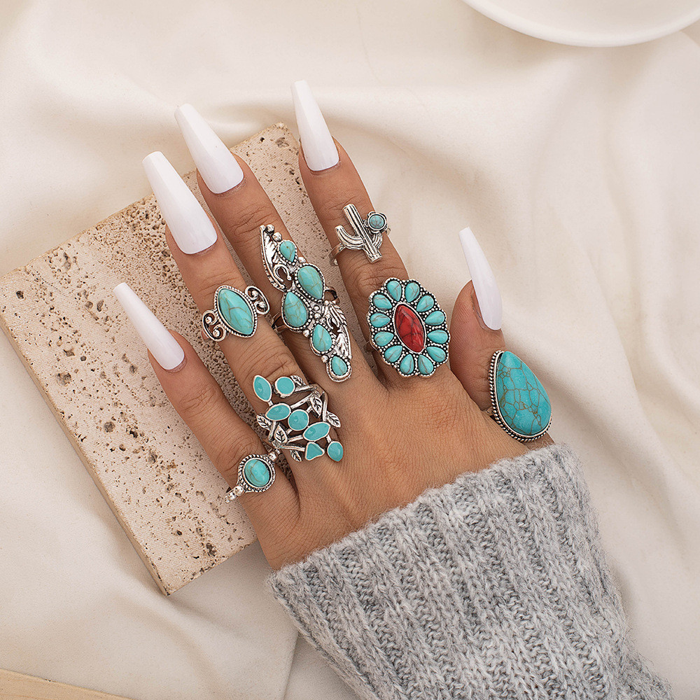 7 ชิ้นชุดแหวน Retro Bohemian Drop-Shaped แกะสลัก Hollow สีแดง Turquoise แหวน