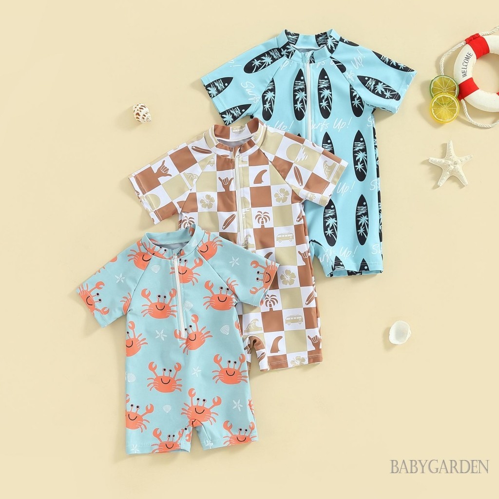 //-0-3years Kids Baby Boys Rash Guard แขนสั้น Crab Tree พิมพ์ชุดว่ายน้ํา Jumpsuit ชุดว่ายน้ําฤดูร้อน