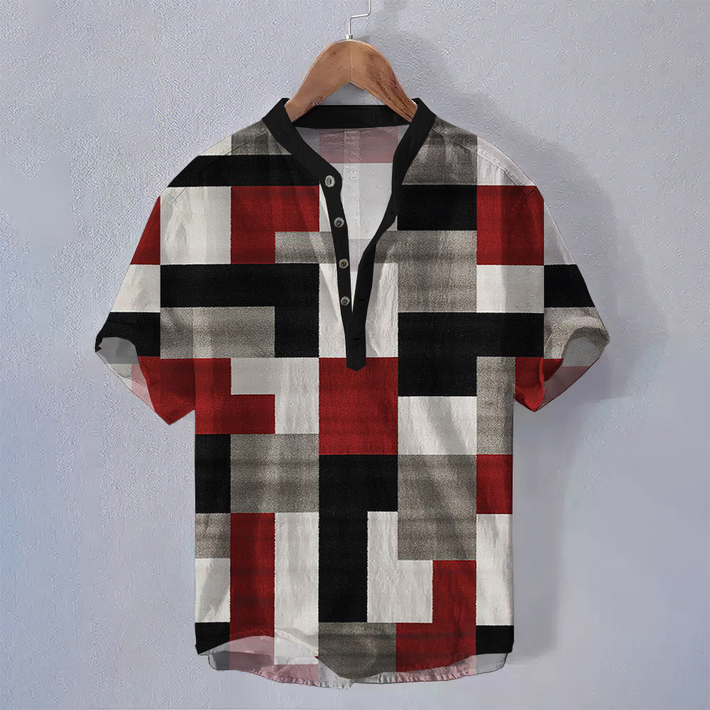 ฤดูร้อนสไตล์ชาติพันธุ์ชนเผ่าชายยืนขึ้นปกเสื้อแขนสั้นดอกไม้รูปแบบเรขาคณิตพิมพ์เสื้อผ้าย้อนยุคหลวมระบายอากาศขนาดใหญ่โบฮีเมียนเสื้อโปโลส