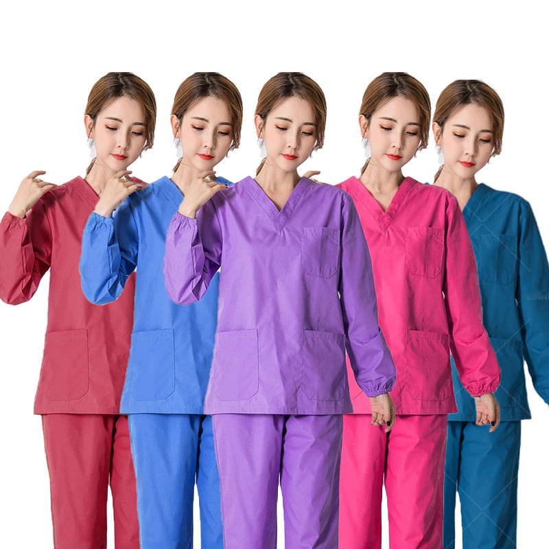 ชื่อฟรีเสื้อ + กางเกงชุดขัดทางการแพทย์สําหรับผู้หญิงแขนยาวเต็มชุดพยาบาลหมอผู้ดูแลร้านเสริมสวยสปาชุดโรงพยาบาล