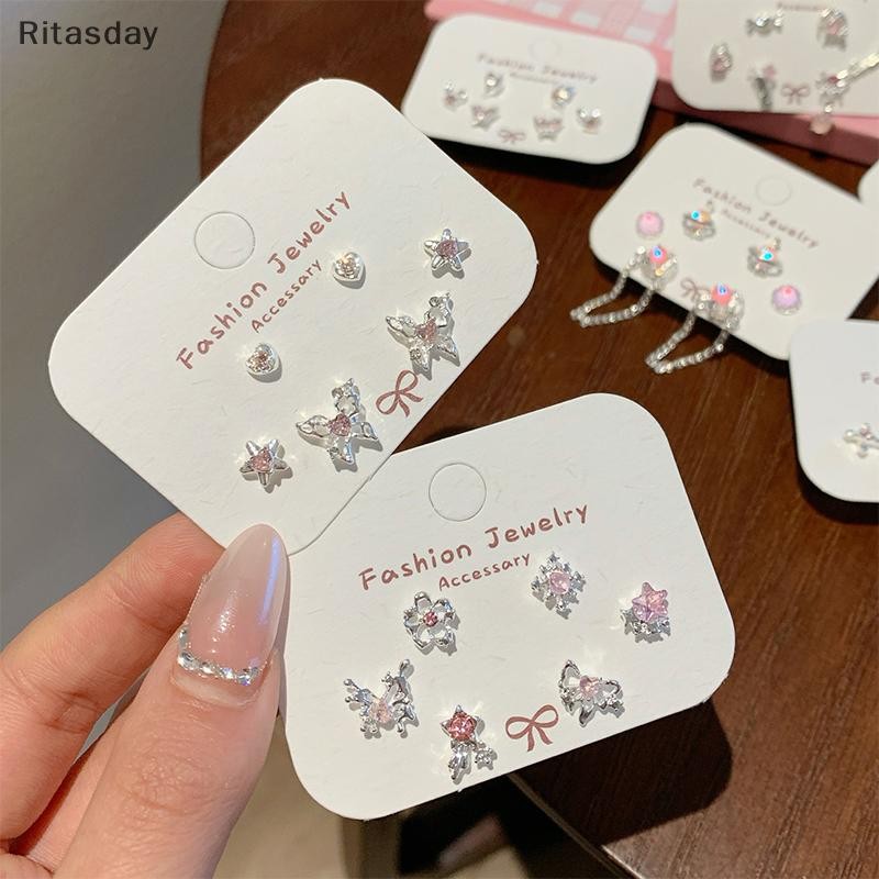 Ritasday 6 ชิ้น/เซ็ตหวานเย็นสีชมพู Zircon Heart Stud ต่างหูสําหรับผู้หญิงสาวอินเทรนด์ Punk ต่างหูความงามเครื่องประดับอุปกรณ์เสริมของขวัญใหม่