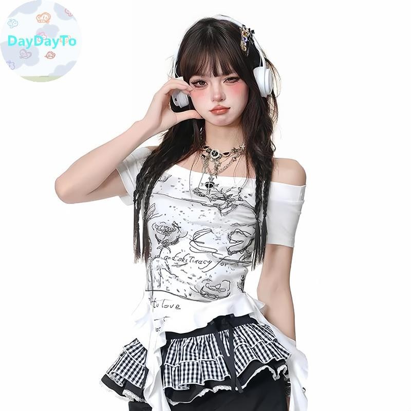 Daydayto ฤดูร้อนผู้หญิง Y2k สไตล์พิมพ์ปิดไหล่แขนสั้นไม่สม่ําเสมอ Ruffled Slim เสื้อยืด TH