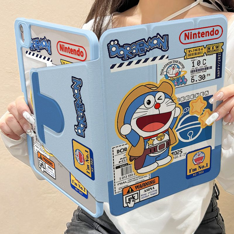 สําหรับ iPad Air6 กรณี 360 องศาหมุนยิ้มคาวบอย Doraemon สําหรับ iPad gen9 gen8 gen7 10.2 Air4 Air5 10.9 gen10 Pro11 อะคริลิคปากกาแท็บเล็ตฝาครอบ