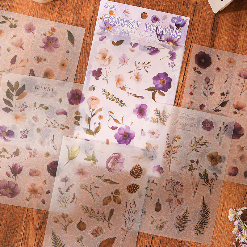 Journamm 6 แผ่นหญ้าดอกไม้สติกเกอร์กระดาษกาว Diy Scrapbooking ไดอารี่ Scrapbooking Collage วัสดุ Scrapbooking