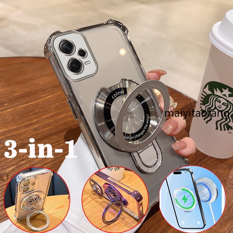 [3 in 1]เคสสําหรับRedmi note 12 4G redmi note 12 pro 5g 2023 ซิลิโคนนุ่มเคสโทรศัพท์ฝาครอบปลอกโปร่งใสแม่เหล็กดูดU Bracket cover