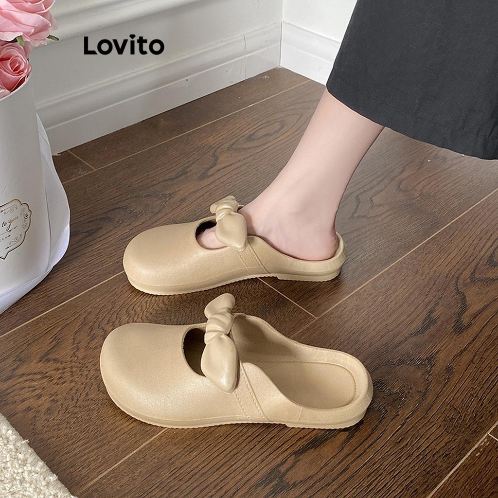 Lovito รองเท้าแตะผู้หญิง ส้นเตี้ย แต่งปม สีเรียบ สไตล์น่ารัก LFA28042