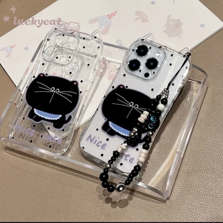 Iphone 16 15 14 13 12 11 Pro Max X Xr Xs Max 7 8 Plus SE2020 เคสโทรศัพท์หูแมวน่ารัก Big Faced Fat Cat + Lanyard Clear Soft ฝาหลัง