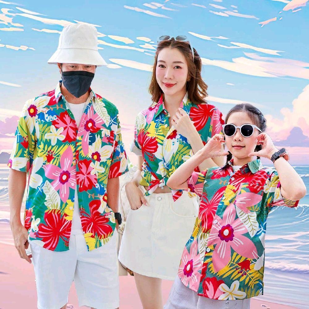 PINK03เสื้อฮาวายลายดอก ไซส์เด็ก-ผู้ใหญ่8XL ครบทีม ผ้าโพลีพลีเมี่ยม ทรงวัยรุ่น หญิงชายใส่ได้ ลายคมชัด **1ตัว**