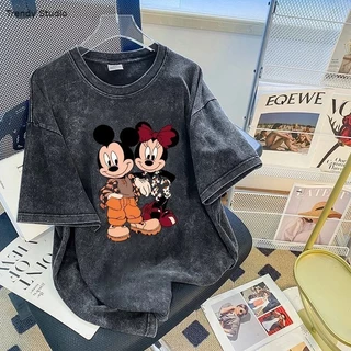 COD✅(จัดส่งตลอด 24 ชั่วโมง)เสื้อยืดฟอกขาว Printed T-shirt ลายการ์ตูนน่ารักหลวม คอกลม ทรงหลวม Cotton100%