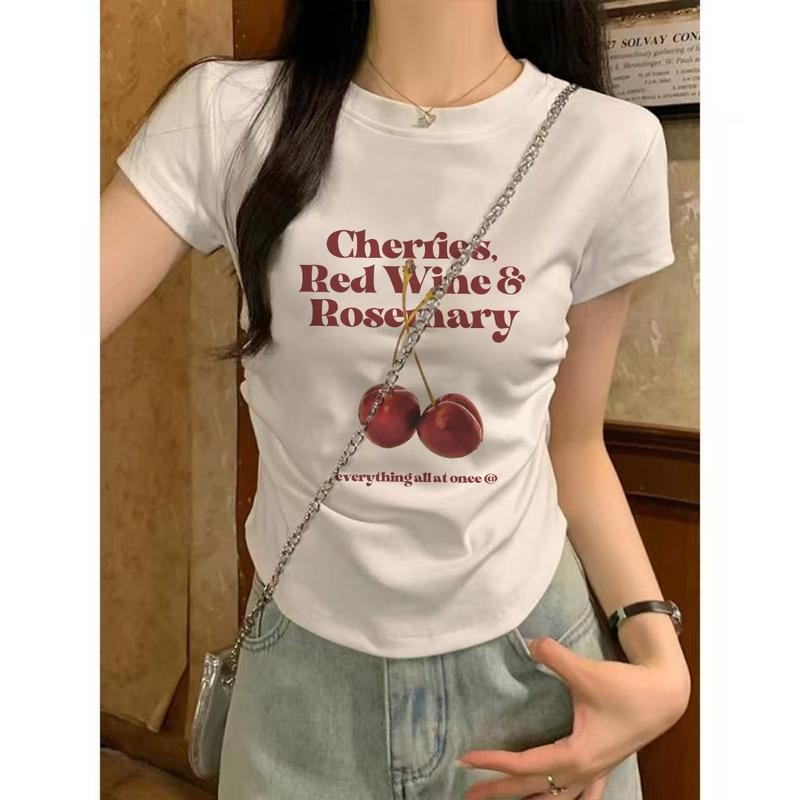 ลายเชอร์รี่ แนวใหม่! เสื้อผู้หญิงชูรูปร่าง สไตล์แฟชั่น สั้นคอกลม ใส่ได้แม้ลูกสาวมีน้ำหนัก