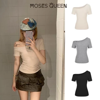MOSESQUEEN ปิดไหล่แขนสั้นผู้หญิงฤดูร้อนใหม่อเนกประสงค์เซ็กซี่ผอมบริสุทธิ์เรียบง่ายขายร้อน #62318