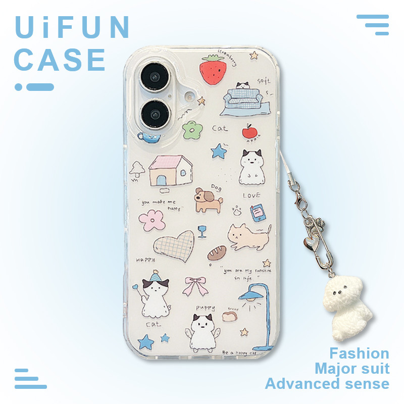 Kawaii แมวสุนัขจี้ตุ๊กตาโทรศัพท์มือถือสําหรับ iPhone 16 15 14 13 Pro Max 15Promax กันกระแทกปกหลัง IMD ปลอก