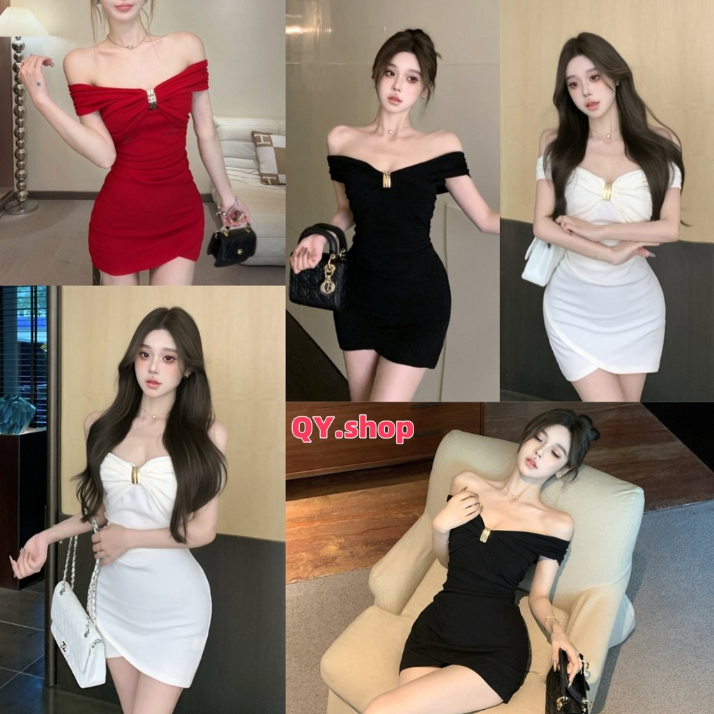 QY.Shop⭐️สินค้าราคาพิเศษ⭐️ชุดเดรสสีพื้น ทรงรัดตัว ยืดกำลังดี ใส่ง่ายเรียบหรูดูแพง "FY2770"