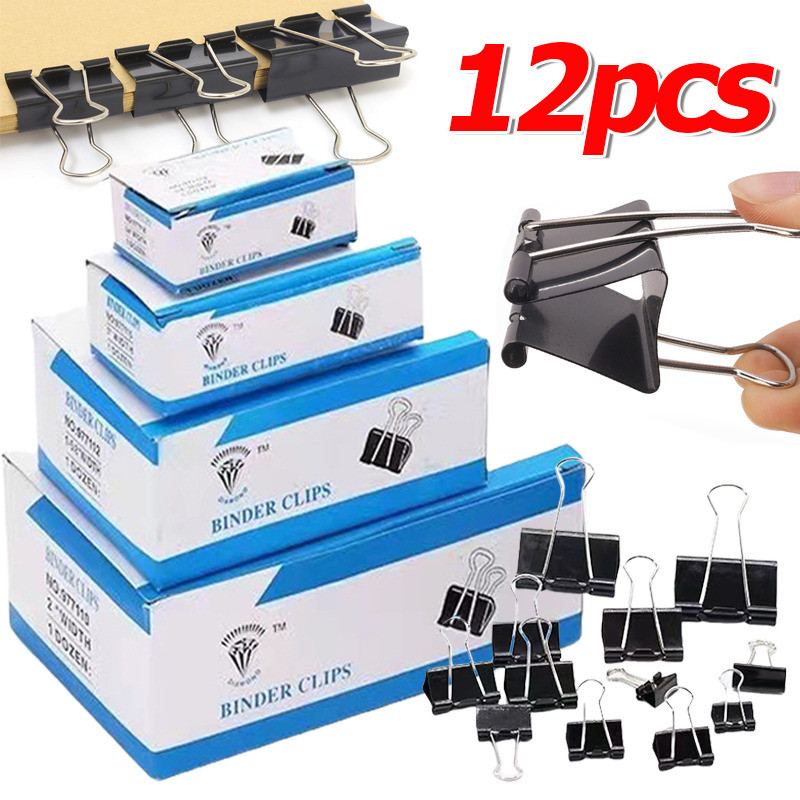 12ชิ้นสีดําโลหะ เครื่องผูก คลิป-ที่หนีบกระดาษคลิป-เครื่องใช้สํานักงานโรงเรียน-15/19/25/32/41/51มิลลิเมตร