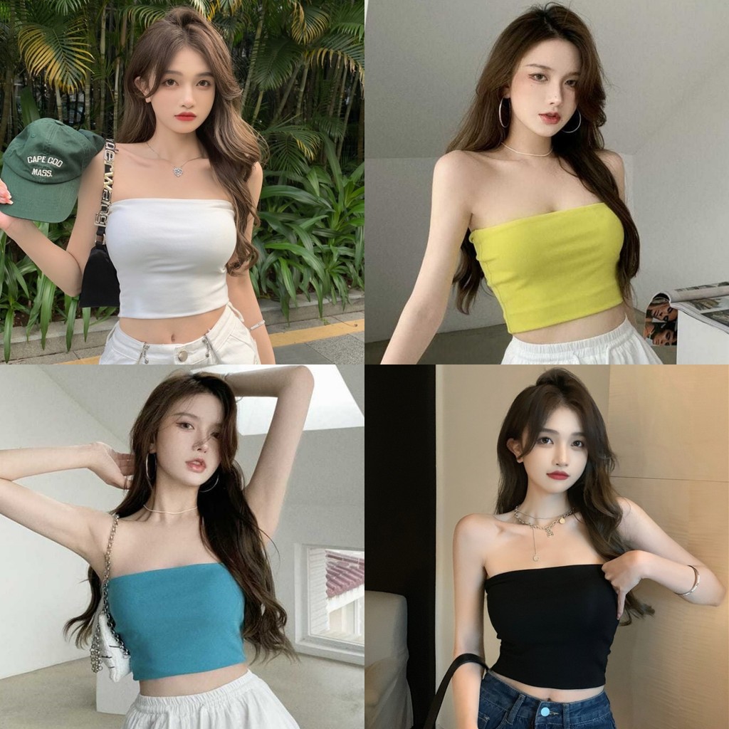 💖Miqi💖เสื้อเกาะอก สีพื้น ปาดไหล่ ผ้านิ่ม ยืด เข้ารูป เสื้อครอป สไตล์ลำลอง มินิมอล ราคาถูก#MX-5