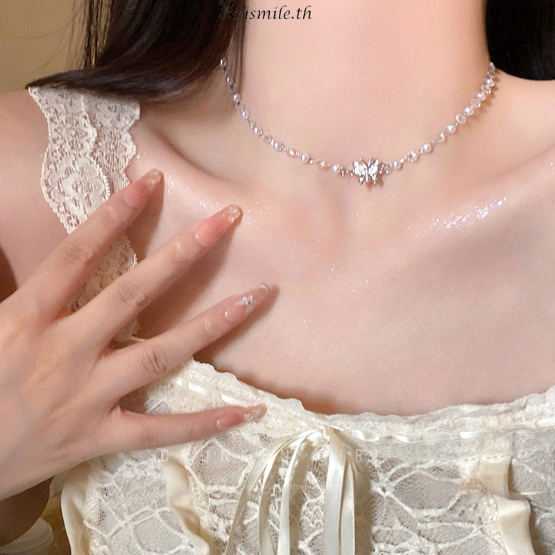 COD-ในไทย💖สร้อยคอมุก จี้รูปผีเสื้อผีเสื้อ ละเอียดอ่อน สไตล์หรูหราแสง สำหรับผู้หญิง เครื่องประดับแฟชั่น-Krismile