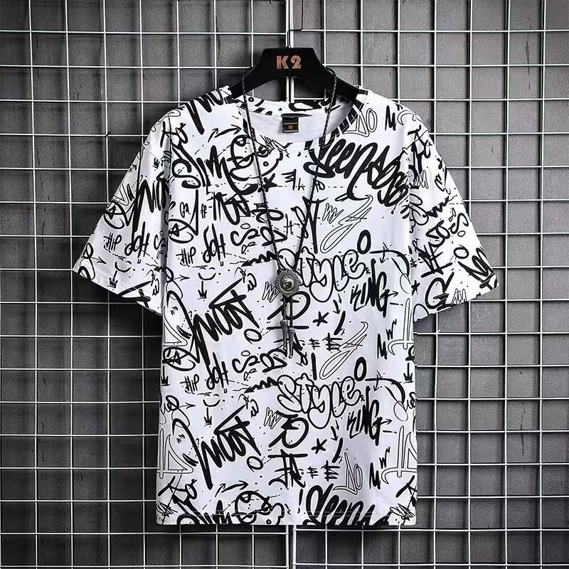 Eershenshi เสื้อเชิ้ตแขนสั้นผู้ชาย เสื้อเชิ้ตคอกลมพิมพ์ลายวัยรุ่นลำลองอเนกประสงค์
