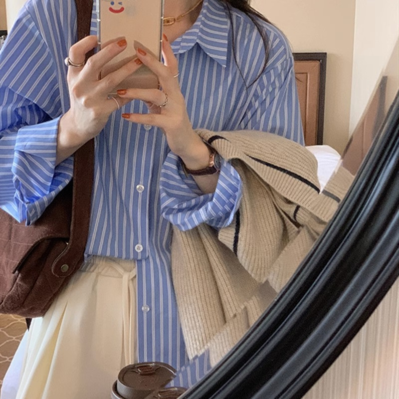 🍇เสื้อเชิ้ตลายทาง HHB2881🍇 เชิ้ตแขนยาวคอปกผู้หญิงเรียบง่าย เสื้อทํางานแฟชั่นเกาหลีย้อนยุค แมชง่ายกับ