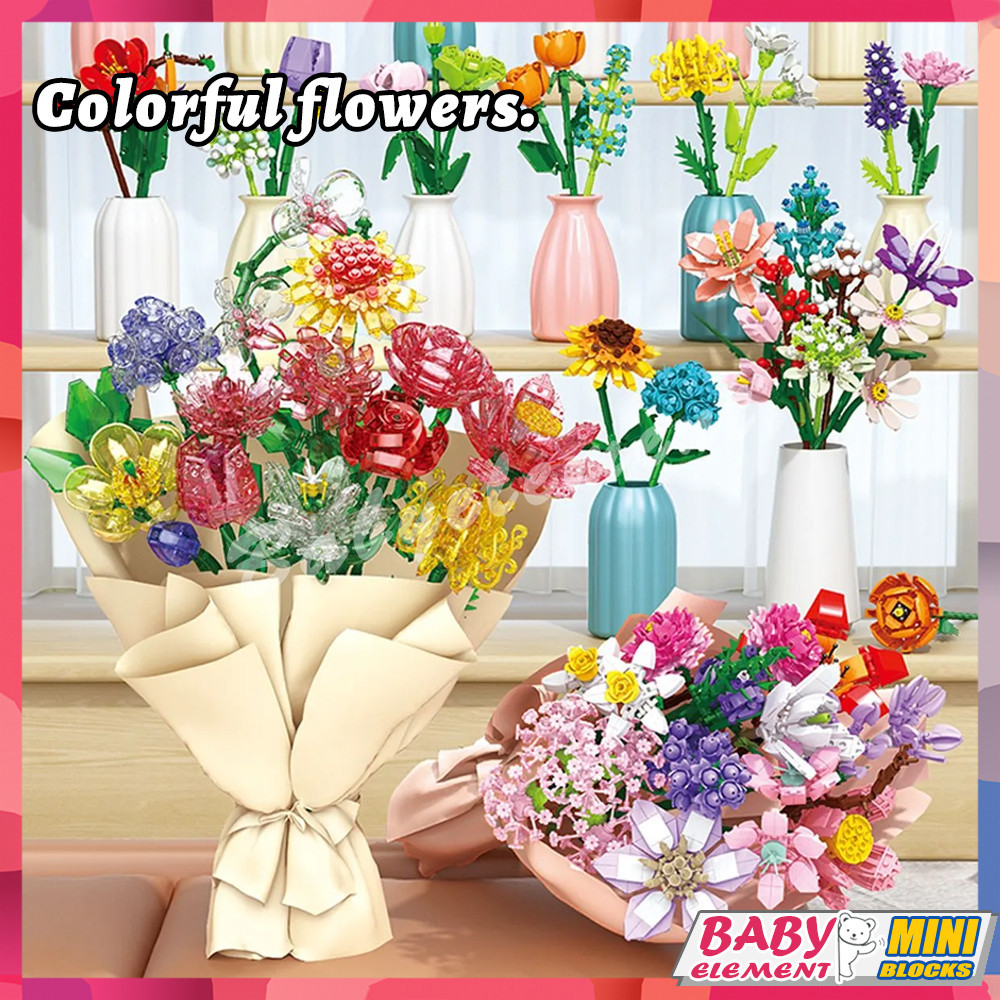 ดอกไม้พืชอาคารบล็อก Ranunculus Daisy Lily Creative DIY เครื่องประดับรุ่นของเล่นเด็กสาวของขวัญ