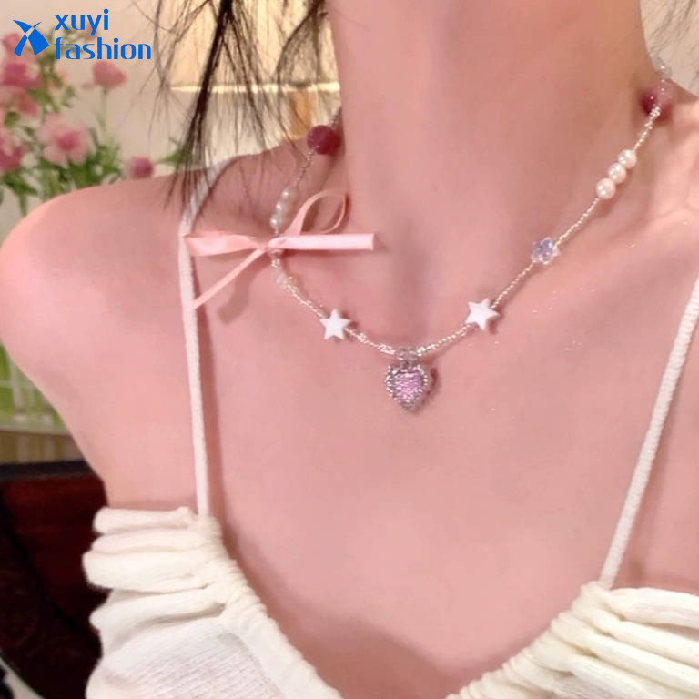 เครื่องประดับ สร้อยคอ ประดับลูกปัดคริสตัล ไข่มุก รูปดาว หัวใจ สไตล์เกาหลี สําหรับผู้หญิง Y2K