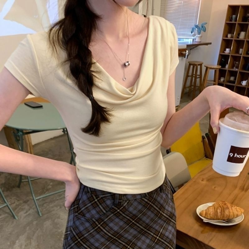 Elves✨พร้อมส่ง✨  เสื้อเปิดไหล่ไหมพรม แขนสั้น สีพาสเทล ~X222~ - รูปที่ 3