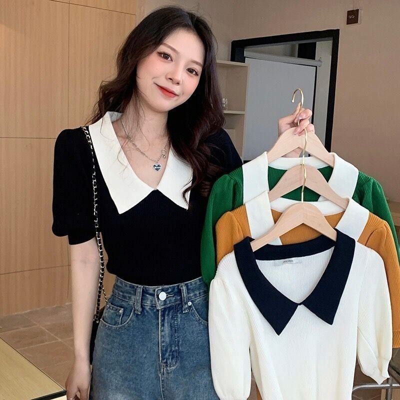 Grace 82138 เสื้อแขนสั้น เสื้อถัก แขนพอง สีคอนทราสต์ แฟชั่นฤดูร้อน สไตล์เกาหลี