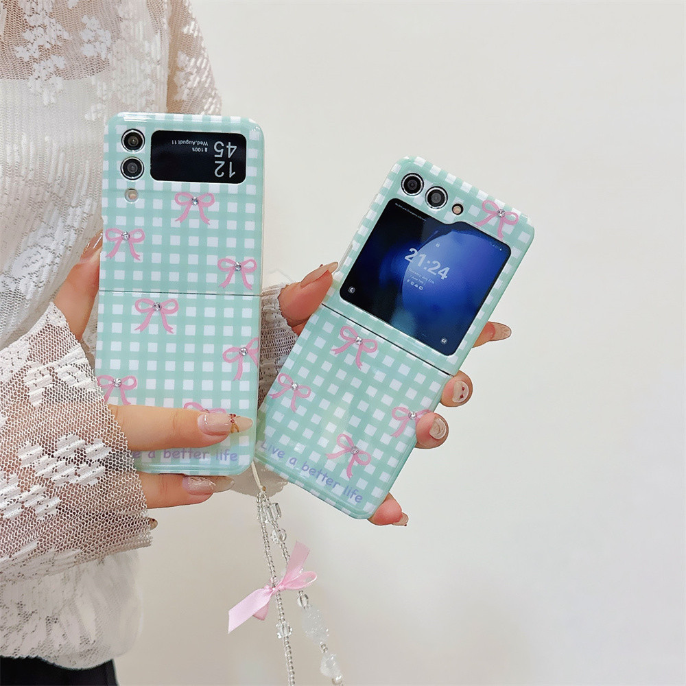 สําหรับ Samsung Galaxy Z Flip5 Z Flip4 Z Flip3 ปลอกน่ารักสีเขียวตาข่ายรูปแบบกันกระแทกพับ Soft tpu สําหรับ Samsung Z Flip 5 4 3 Ins เกาหลีสีชมพูโบว์