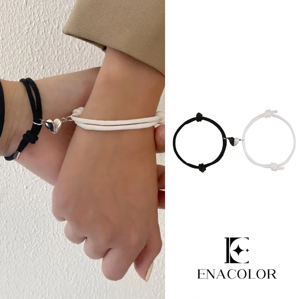 Enacolor สีดําและสีขาว Handmade เชือกถักแม ่ เหล ็ กคู ่ สร ้ อยข ้ อมืออุปกรณ ์ เสริมของขวัญวันวาเลนไทน ์ 2 ชิ ้ น/Set