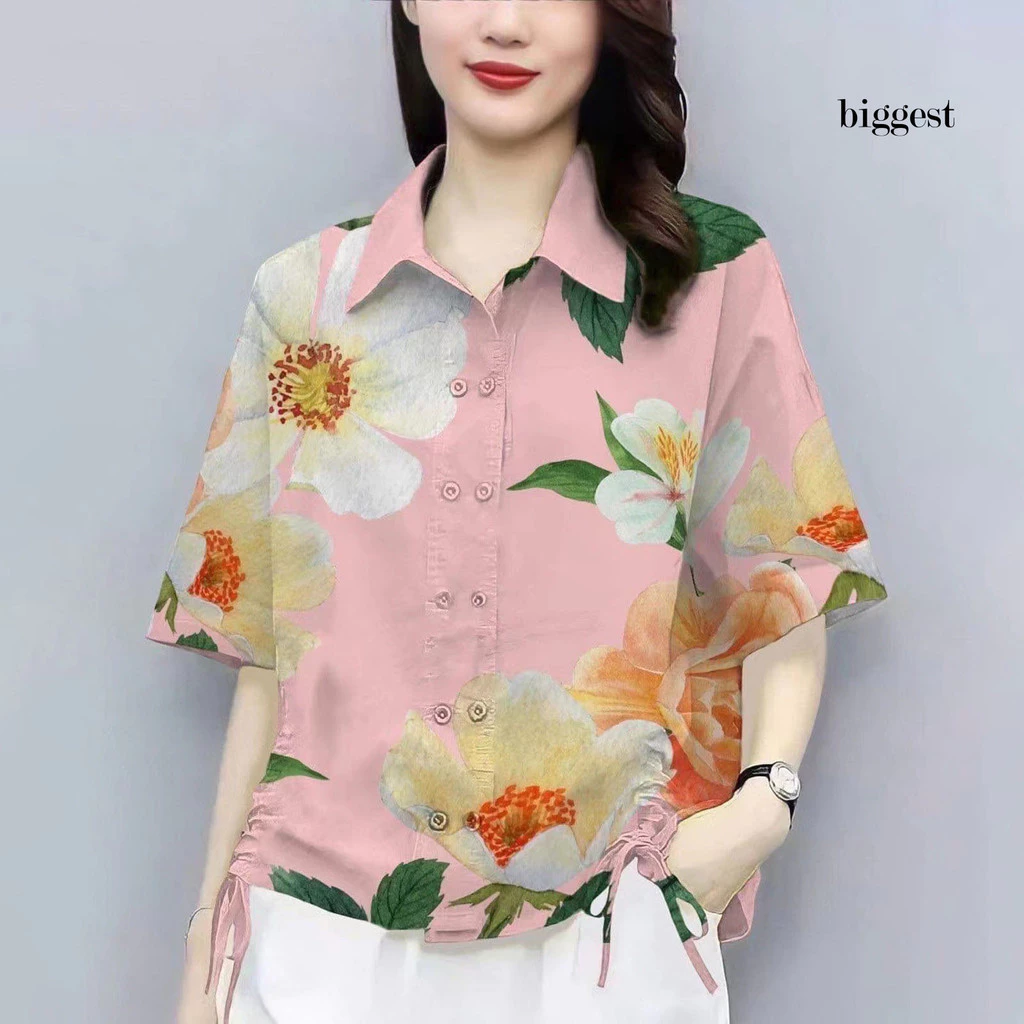 เสื้อลำลองแขนสั้นลายดอกไม้ กระดุม เชือกรูด ทรงหลวม thumbnail 8