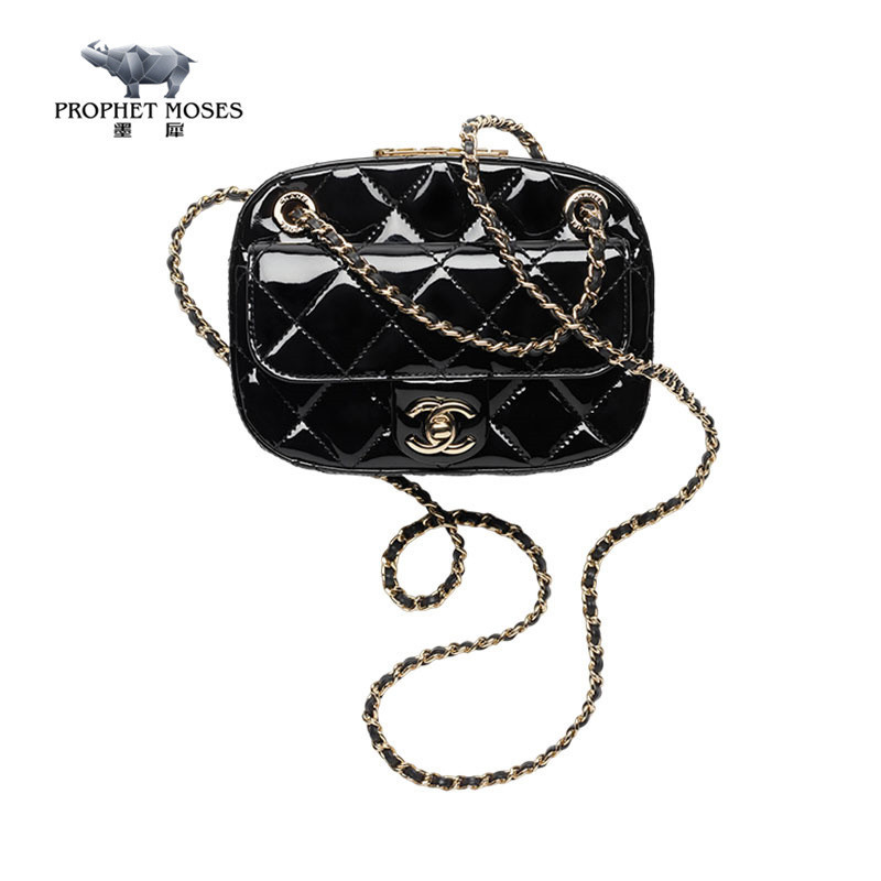 Chanel/Chanel women's bag, black calf patent leather mini camera shoulder crossbody versatile for daily leisure