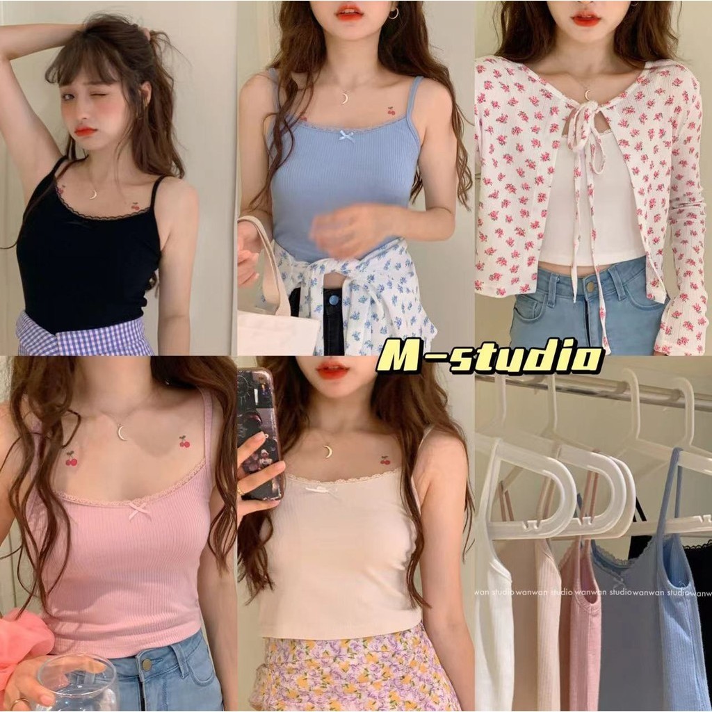 Maze พร้อมส่ง สายเดี่ยวเก๋ๆ แต่งขอบลูกไม้ สีพื้นน่ารัก ประดับโบว์ตรงอกเก๋ๆแอบเซ็กซี่(0523)