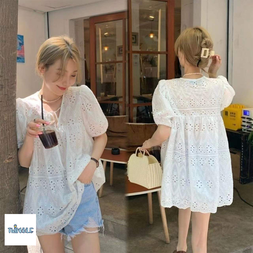 เสื้อเบลาส์ลูกไม้ ปล่อยชายน่ารัก แขนสั้นน่ารัก
