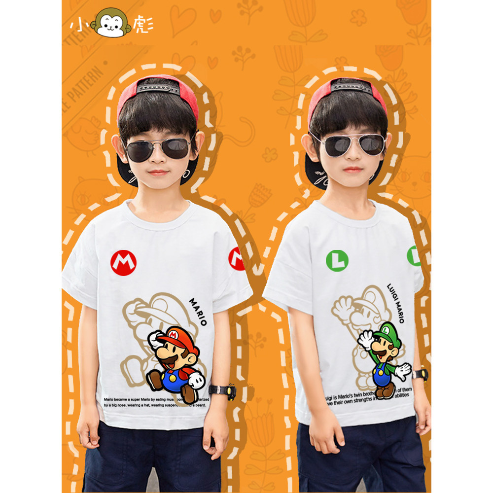 ฤดูร้อนซูเปอร์มาริโอลุยจิเกมรอบแขนสั้นเสื้อยืดเด็กผ้าฝ้ายแท้ครึ่งแขนด้านบน