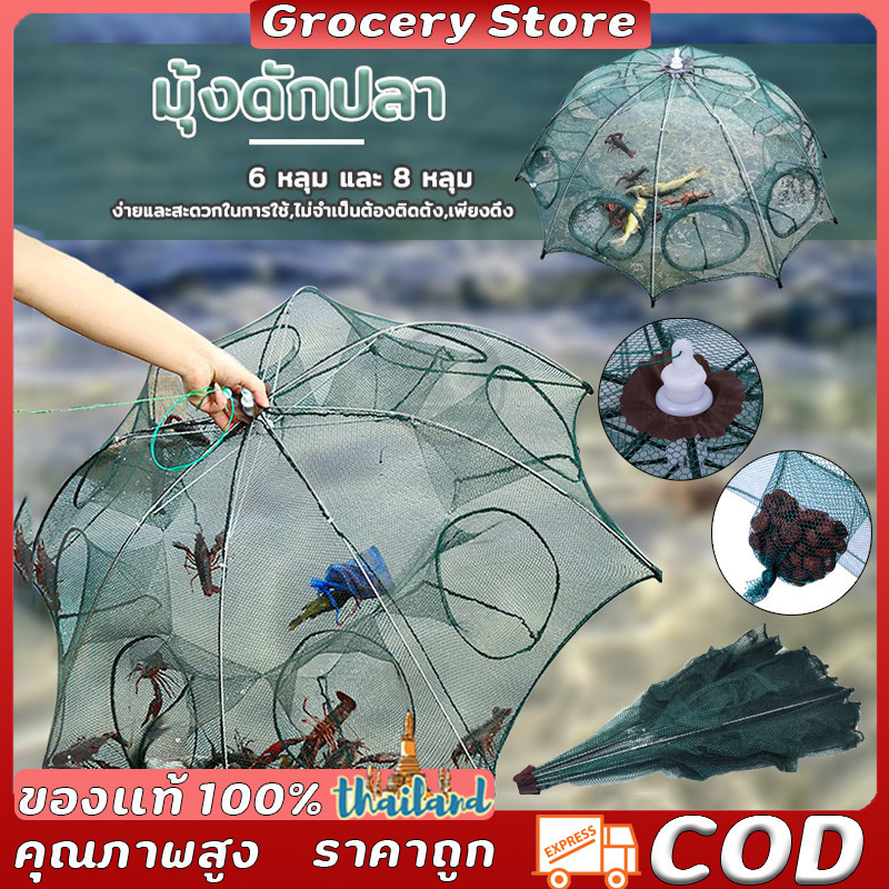 มุ้งดักกุ้งพับเก็บได้ สำหรับจับปลาและกุ้ง พร้อมจำหน่ายแบบปลีกและส่ง มีให้เลือก 6 หรือ 8 หลุม