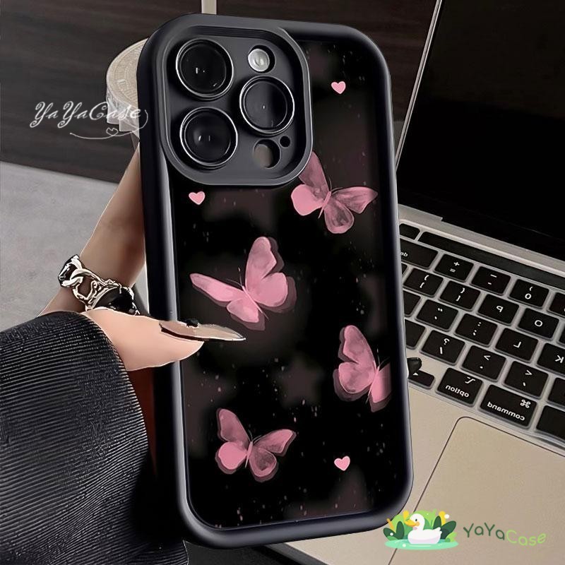 สำหรับ iPhone11 13 Case FOR เคสไอโฟน14 15 12 pro max 6 7 8 14 15 Plus X XR XS Max ผีเสื้อสีชมพู รุ่น สไตล์ TPU Soft เคส