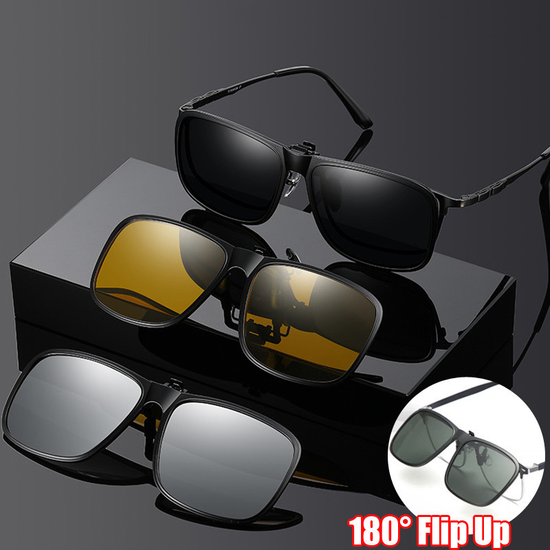 หรูหราpolarized Flip-upแว ่ นตาRetroสแควร ์ กรอบClip-on UV400แว ่ นตากันแดดVINTAGEคลิปแว ่ นตาNight Visionขับรถแว ่ นตา